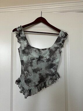 Lulus Mesh Floral Asymmetrical Top | Black and Light Green
